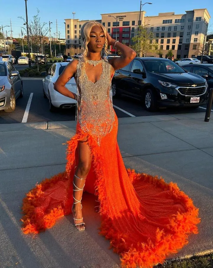 Orange African Sparkly Prom Ceremony Formal Dresses for Black Girl Sparkly Diamond Tassel Velvet Slit Evening Gala Gown