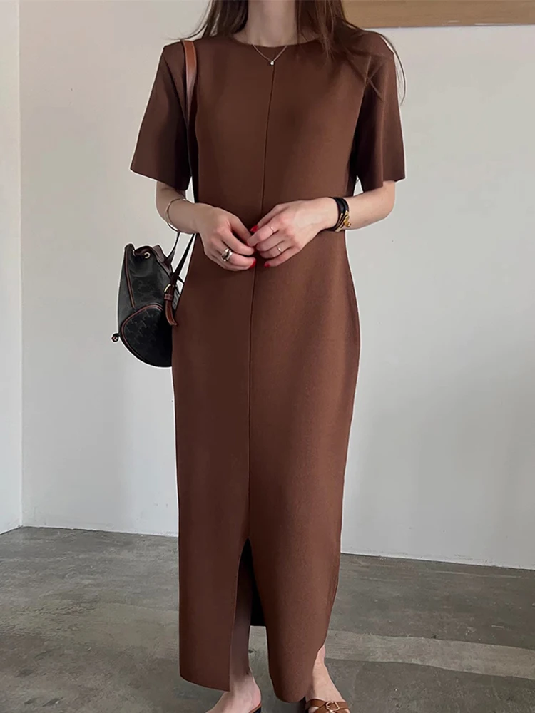 [EWQ] Korean Chic Temperament Round Neck Loose Casual Knee Length Slit Short Sleeve Dress For Women 2024 Spring Summer 16U9238