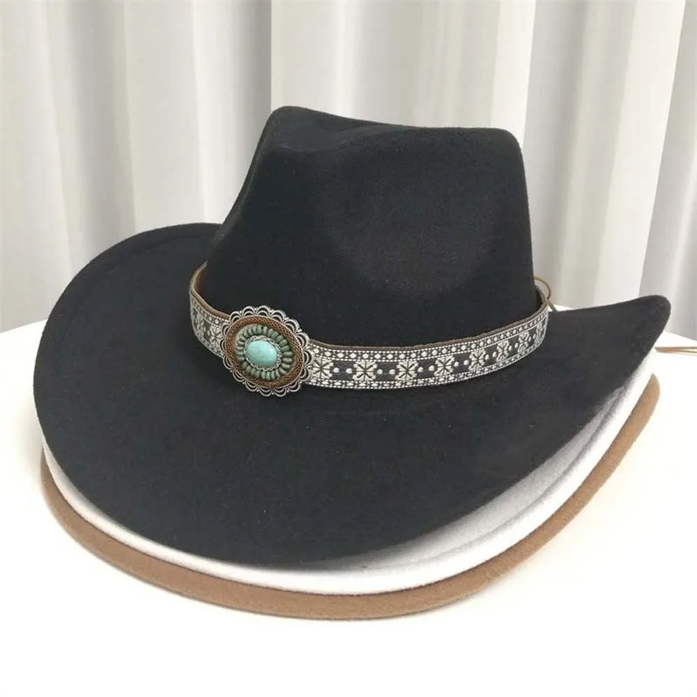 Fashion Wide Brim Western Cowboy Cap Cotton Breathable Cowgirls Visor Cap Lightweight Turquoise Tibetan Hat Concert