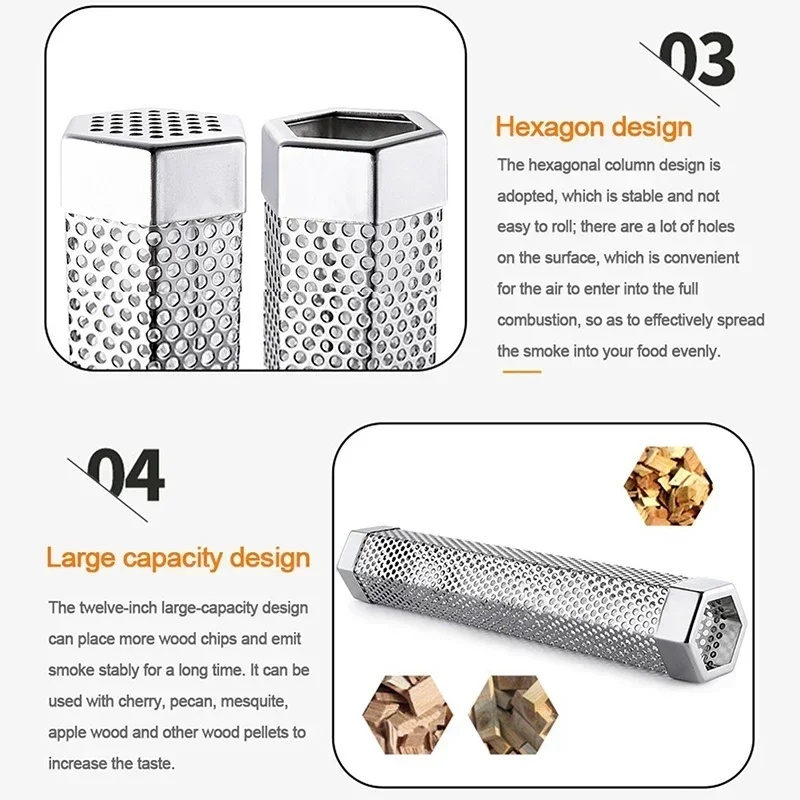 6/12 inch BBQ Stainless Steel Smoker Grill Tube Perforated Mesh Filter Gadget Pellet Smoking Generator Hexagon Spice Smoked Box