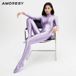 Amoresy sexy brilhante manga longa corpo inteiro collants óleo suave correndo macacão yoga zentai lässig meia-calça esportiva