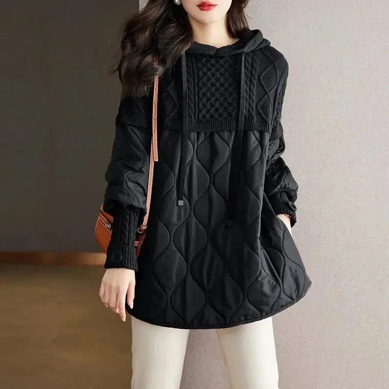 Fashion Down Cotton Jacket Women Knitting Coat Thin Hooded Female Parker Outerwear Knitted Cotton Fake Two Pieces Padded Jackets