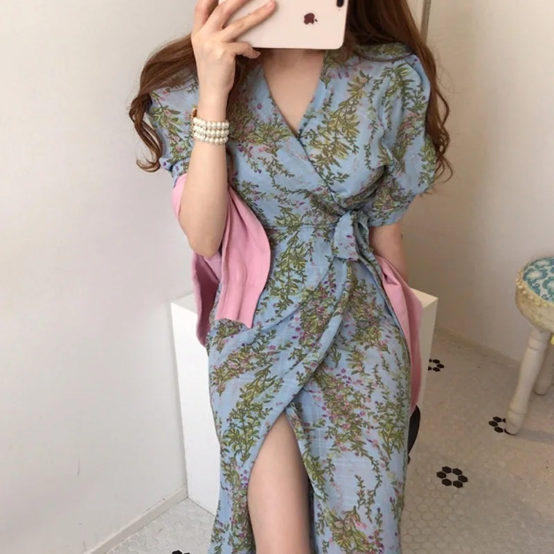 One Piece Bandage Waist Vintage Dress Boho Maxi Summer Elegant V-neck Tie Long Short Sleeved Chiffon Printed Dresses 2024