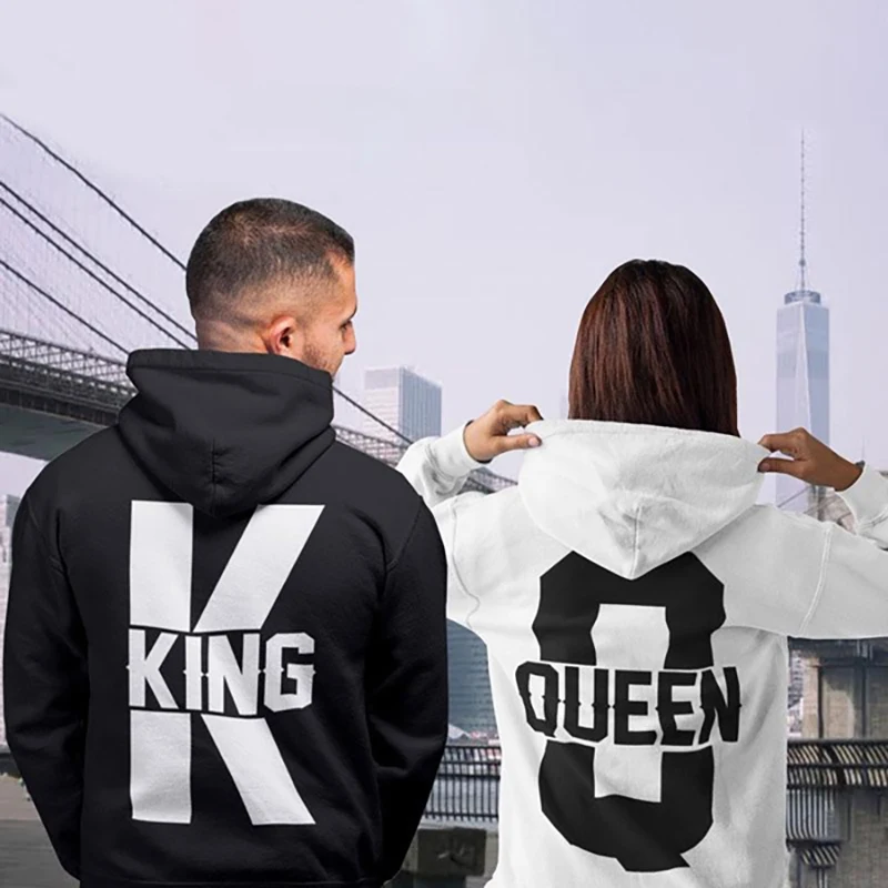 

Новые модные толстовки для пар, толстовки с капюшоном и принтом King Queen, уличная одежда, повседневные пуловеры, топы для влюбленных, толстовки на День святого Валентина