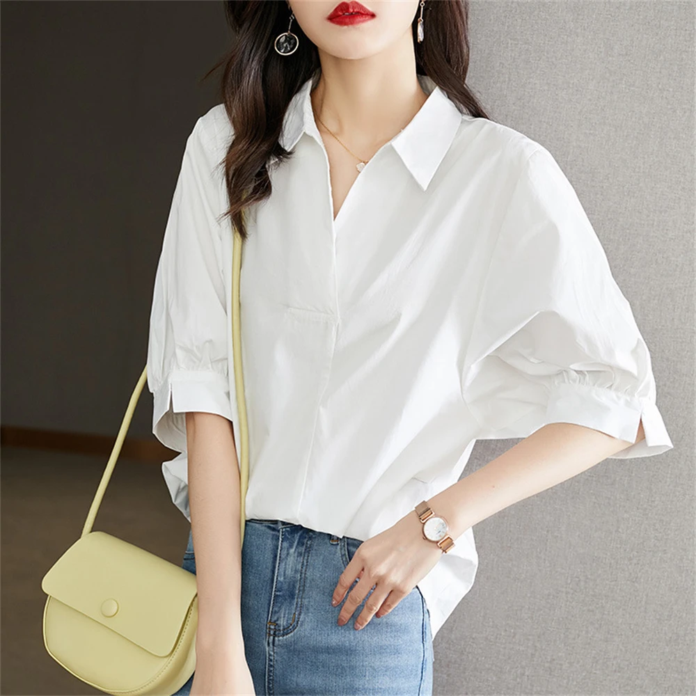 White Shirt Women's Mid-sleeved Summer Korean V-neck Pullover Femme Temperament Cotton Blouses Office Ladies Daily Elegant Tops