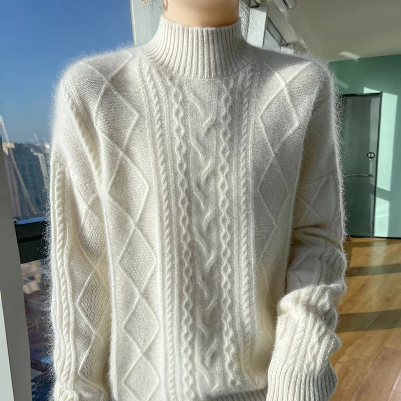 Turtleneck 100% Wool Sweater Women Fashion Solid Plaid Autumn Winter New Casual Loose Tops Knitted Long Sleeve Female Pullover