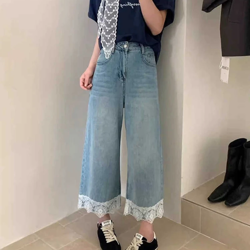 

Summer Lace Splice Ankle Length Jeans Women Loose High Waist Straight Wide Leg Denim Pants Female Pant Streetwear