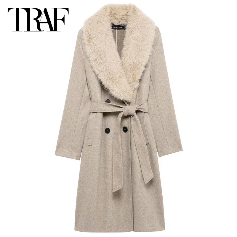 TRAF Donna Cappotti invernali Tweed Capispalla lunghi Cappotto in misto lana Cintura kaki Cappotto a maniche lunghe Nuovo in Cappotti e giacche Cappotti eleganti