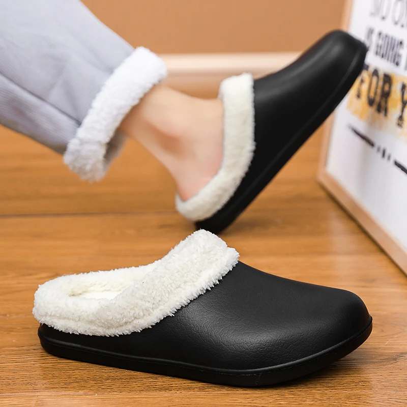 Winter Home Shoes Warm Plush Men's Slippers Non Slip Barefoot Comfortable Flat Bottom Indoor Bedroom Couple Black Cotton Shoes