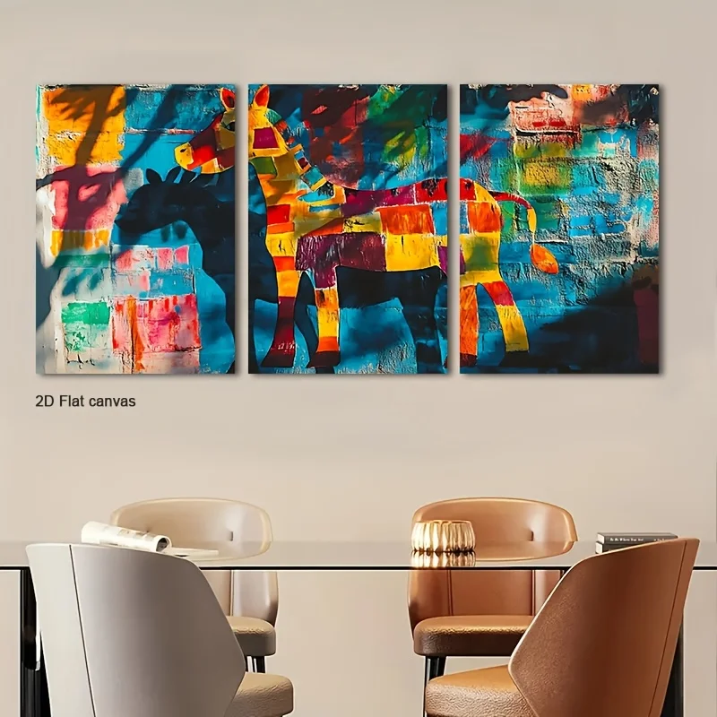 Frameless canvas 2D Flat, 3pcs Modern Horse Patchwork Wall Art Suitable For Room, Office, Home Decor - Multi-Panel Horse , Ne
