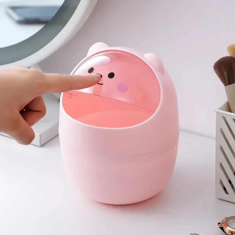 Ins Style Cute Creative Home Desktop with Lid Trash Can Small Mini Kawaii Bedroom Desk Storage Box Pen Holder Give A Sticker