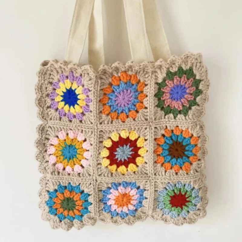 Handwoven Colorful Flower Shoulder Bag Pattern Splice Hollow out Handbag Paper Napkin Bag Key Bag Women's Storage Bag