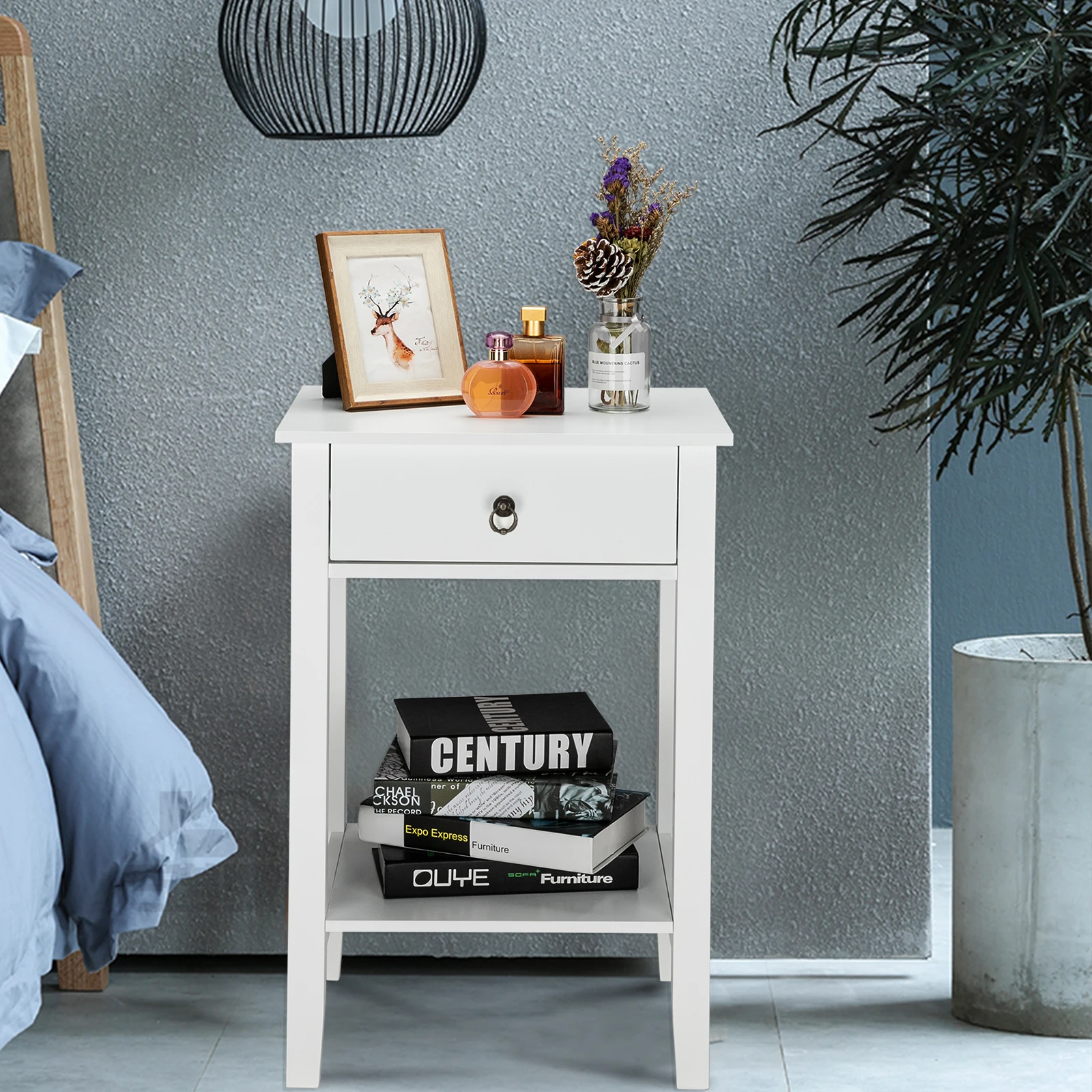 

FCH Two-layer Nightstand Bedside Cupboard Bedside Cabinet Coffee Table with Drawer White Bedroom Furniture