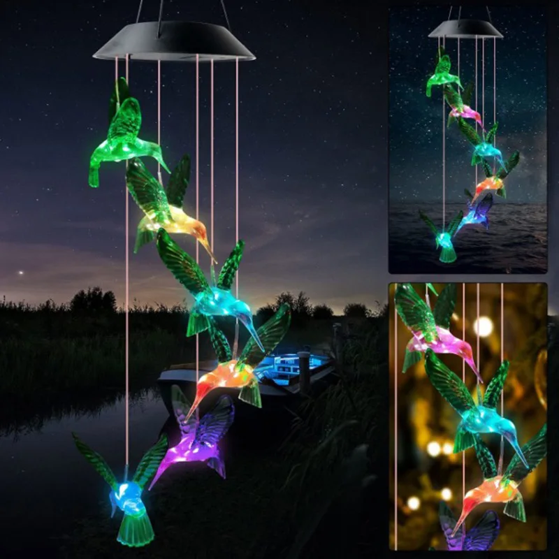 1pc Solar Blue Hummingbird Wind Chime Light LED Hummingbird Courtyard Wind Chime Light Landscape Light Courtyard Light