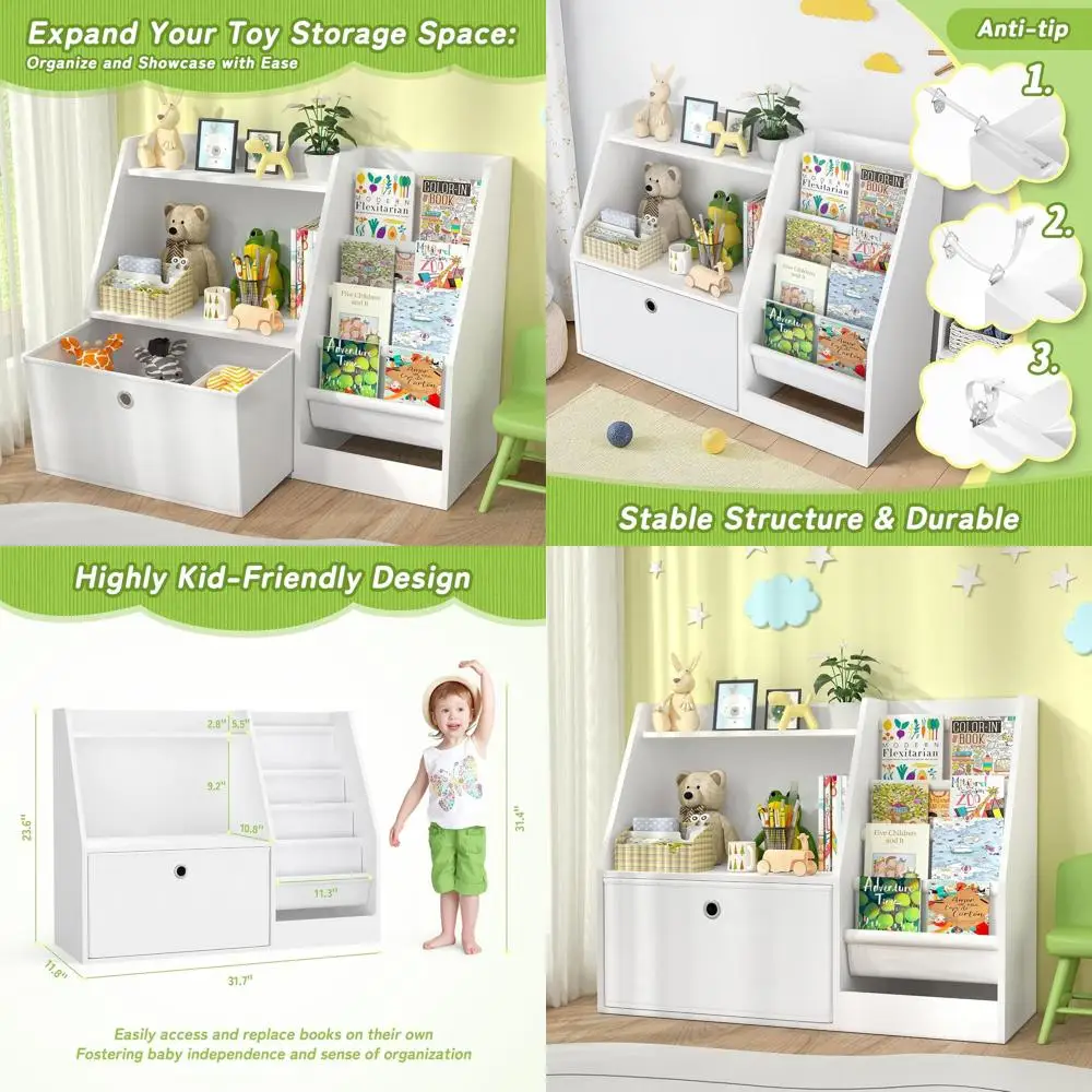 

TOETOL Kids Bookshelf,Book Storage Organizer,4 Sling Toddler Wooden Book Shelf,2-Tier Kids Bookcase for Bedroom,Livingroom,Playr