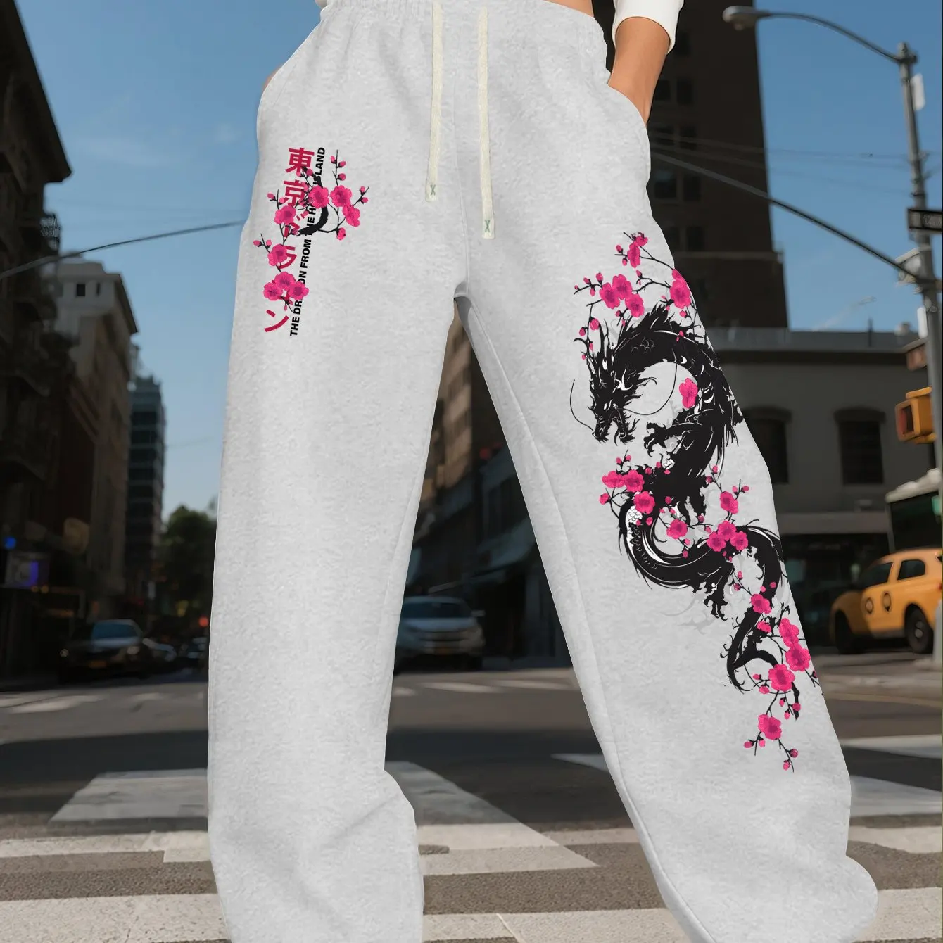 Y2K Street Style Deep Water Cherry Blossom Dragon Pattern Letter 3D Printing Unisex Sports Pants Fitness Versatile