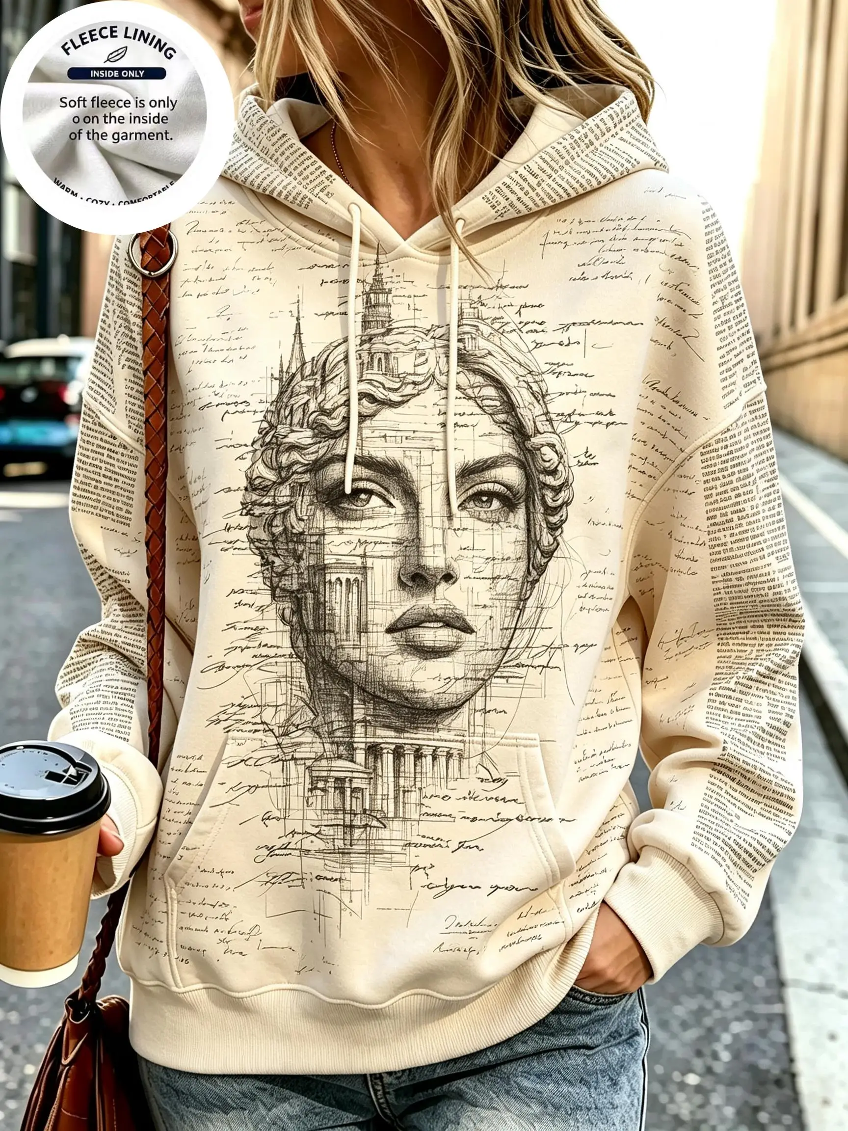 Vintage Handwritten Manuscript Graphic Women Fleece Hooded Sweatshirt, Art Sketch Hoodie