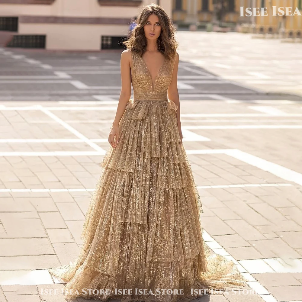 Robes de soirée dorées col en v profond paillettes robe d'invité de mariage glamour gâteau à volants longue robe de Gala robe de soirée personnalisée
