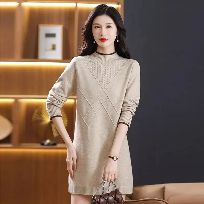

Mid-Length Korean Pullover Sweater Skirt Women's Outer Wear Autumn Winter New Chic Turtleneck Loose Plus Size Knit Base Shirt