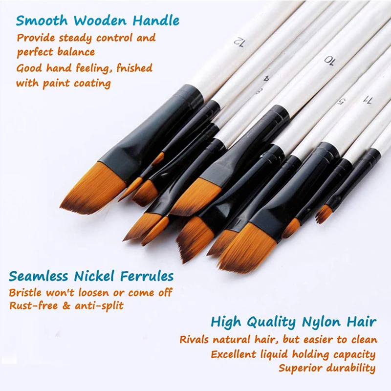 Imagem -03 - Nylon Cabelo Angular Paint Brushes Grupo Nylon Cabelo Angular Aquarela Pincel para Acrílico Guache Tintas Óleo e Têmpera 12 Pcs