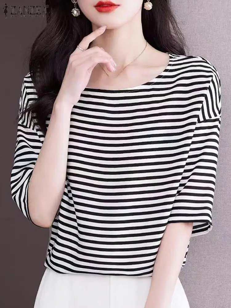 ZANZEA Korean Half Sleeve Tops Casual Women Stripes Blouse 2024 Summer Fashion Holiday Round Neck T-shirt Harajuku Office Blusas