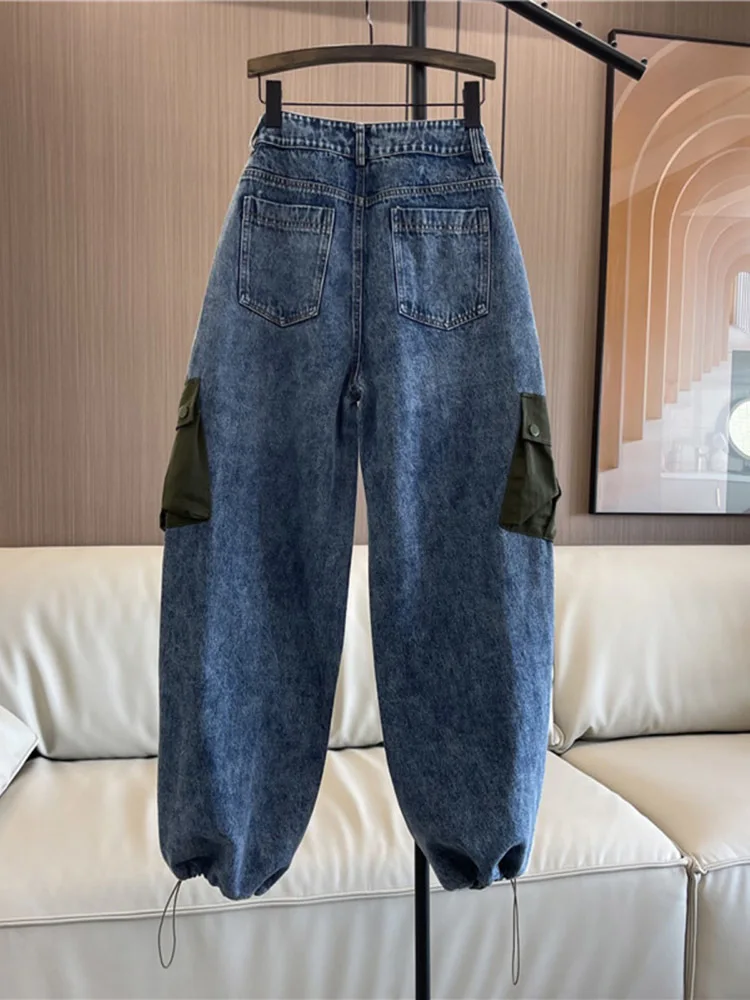 Jeans reto com retalhos para mulheres, cintura elástica, streetwear solto, jeans de cordão extragrande, calças harém, moda, personalidade, novo