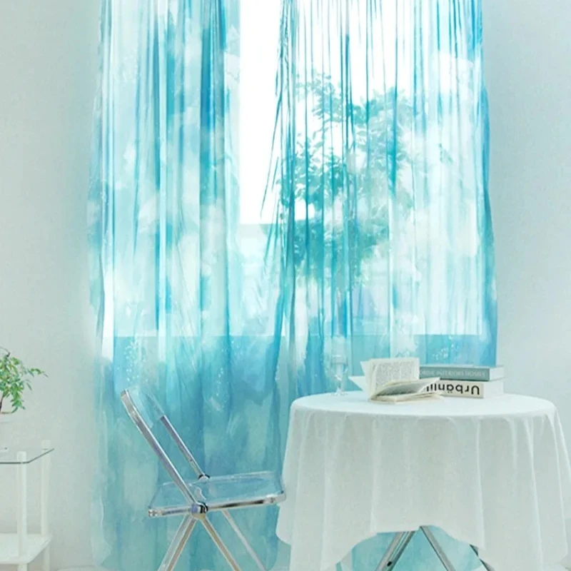 Transparent Curtains for Living Room Gradient Chiffon Sky Watercolor Window Floating Balcony Sheer Light Drapes