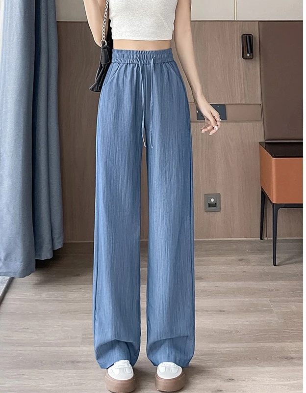 

Широкие джинсы из тонкого ледяного шелка с высокой талией, женские летние свободные брюки большого размера, прямой крой, длиной до пола, корейский стиль