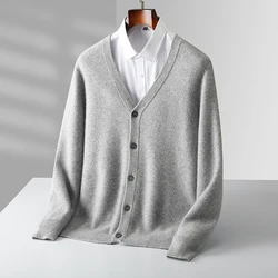 Cárdigan de lana gruesa para hombre, suéter de Cachemira de manga larga con cuello en V, prendas de punto de lana merina 100%, Tops casuales inteligentes, Otoño e Invierno