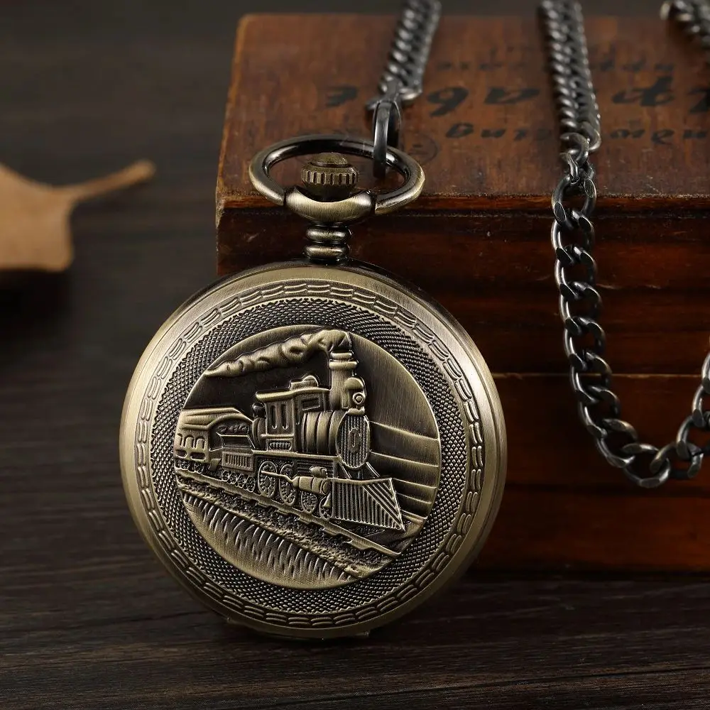 Train Carving Mechanical Pocket Watch Car Design Men Bronze Clock Hand Wind Roman Numerals Engraved Fob Watches with Gift Box