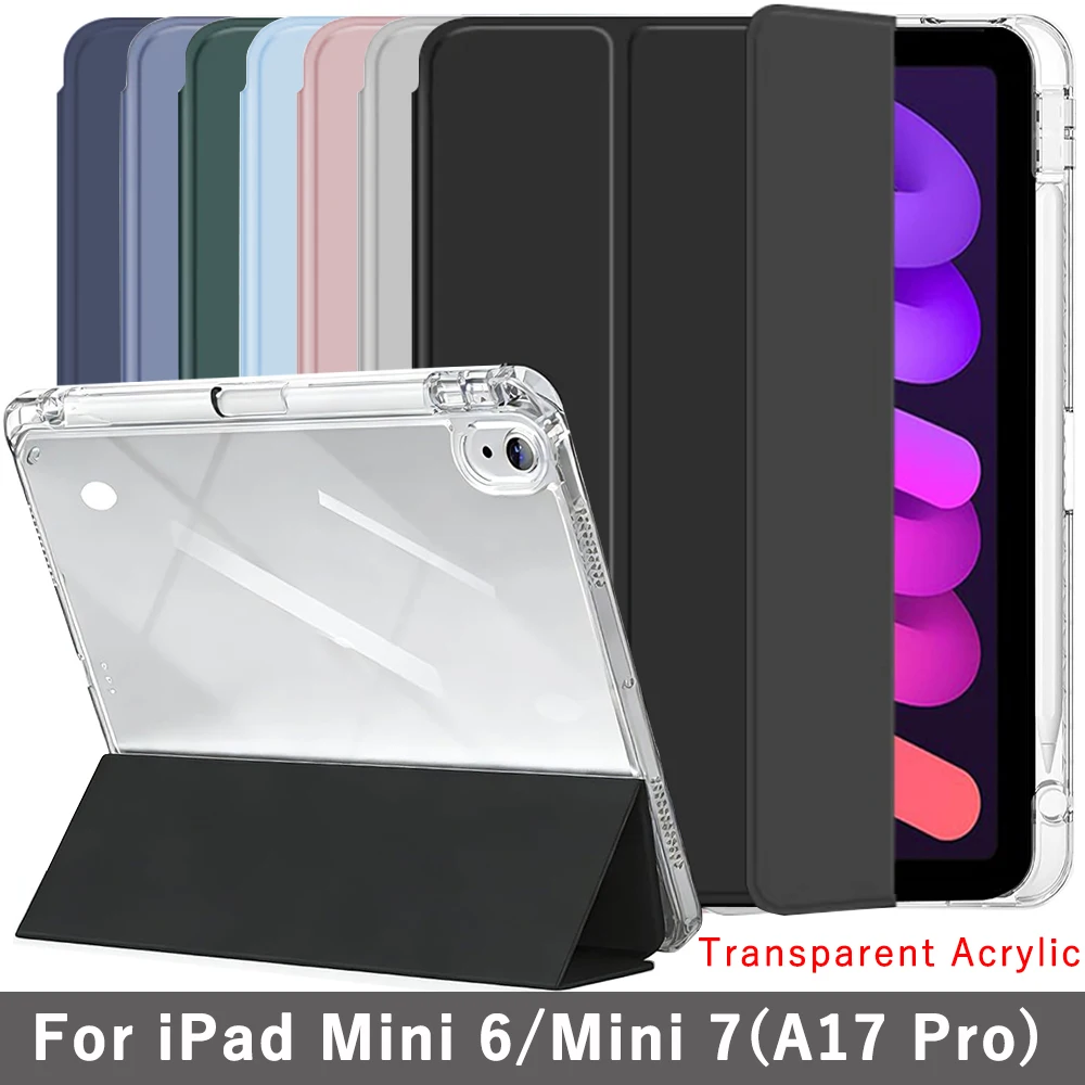 Clear Crystal Tablet Case With Pen Slot For iPad Mini 6 2021 A2568 Mini 7 (A17 Pro) 8.3'' 2024 Tri-fold Magnetic Stand Cases