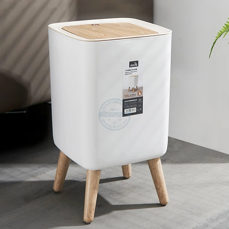 10L High Foot Trash Can Plastic Desktop Press Cover Dustbin Square Trash Bin Living Room Toilet Kitchen Garbage Bucket