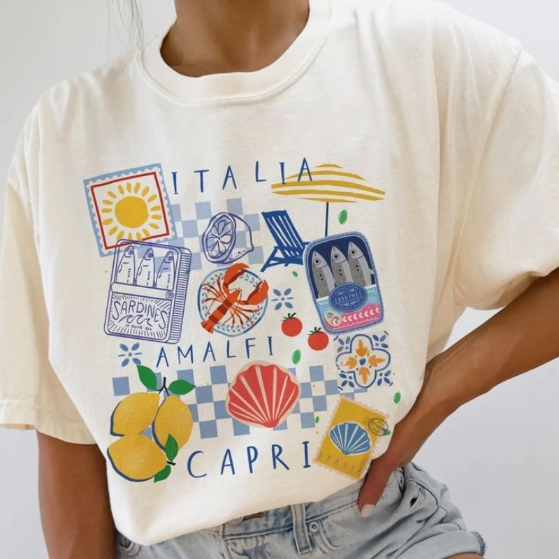 Camiseta gráfica Capri Italia, camiseta retro divertida con estampado de mariscos para vacaciones, camiseta informal de manga corta con cuello redondo, ropa de mujer de gran tamaño