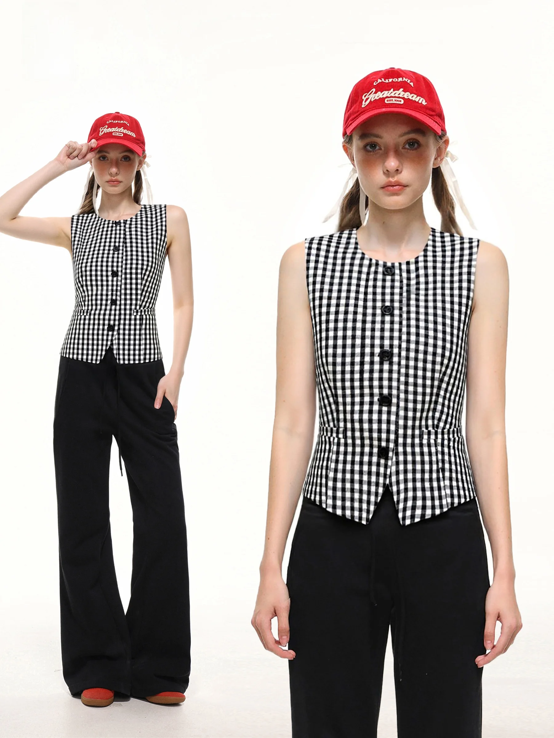 Black White Plaid Sleeveless Vest Women's Summer Waist Cinched Asymmetrical Single Button Tie Short Top American Style