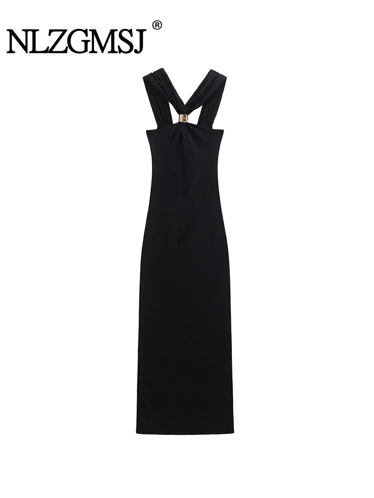 NLZGMSJ 2025 Primavera Casual Abito da donna Halter Dritto Abiti lunghi Nuova moda Vacanza estiva Abito lavorato a maglia femminile sexy