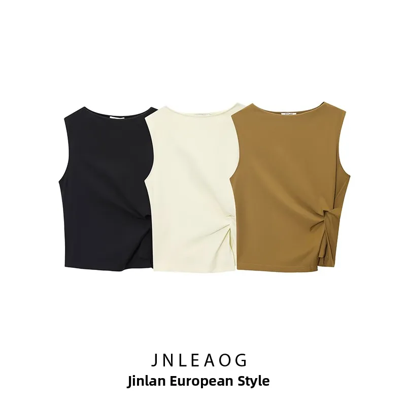 JNLEAOG Spring New Women's Fashion Set Sail Collar Pleated Texture Vest Versatile Splice Slim Fit Polyester Fiber Outerwear