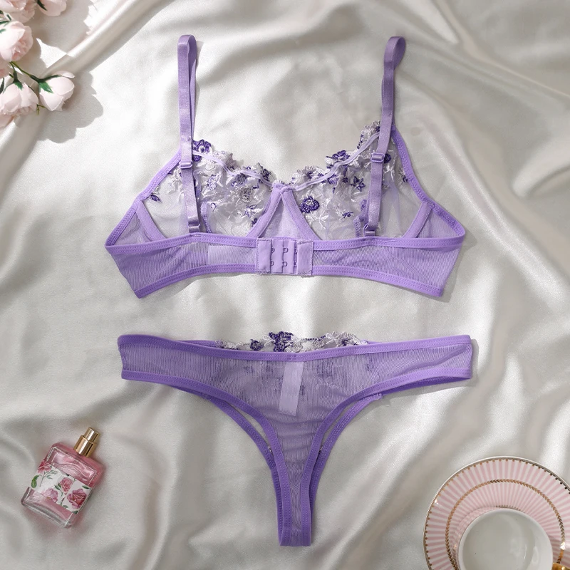 Purple Embroidery Sexy Lingerie Set Hot Semi-Sheer Temptation Bra And Panties Sets Fancy Erotic Sleepwear Beautiful Underwear