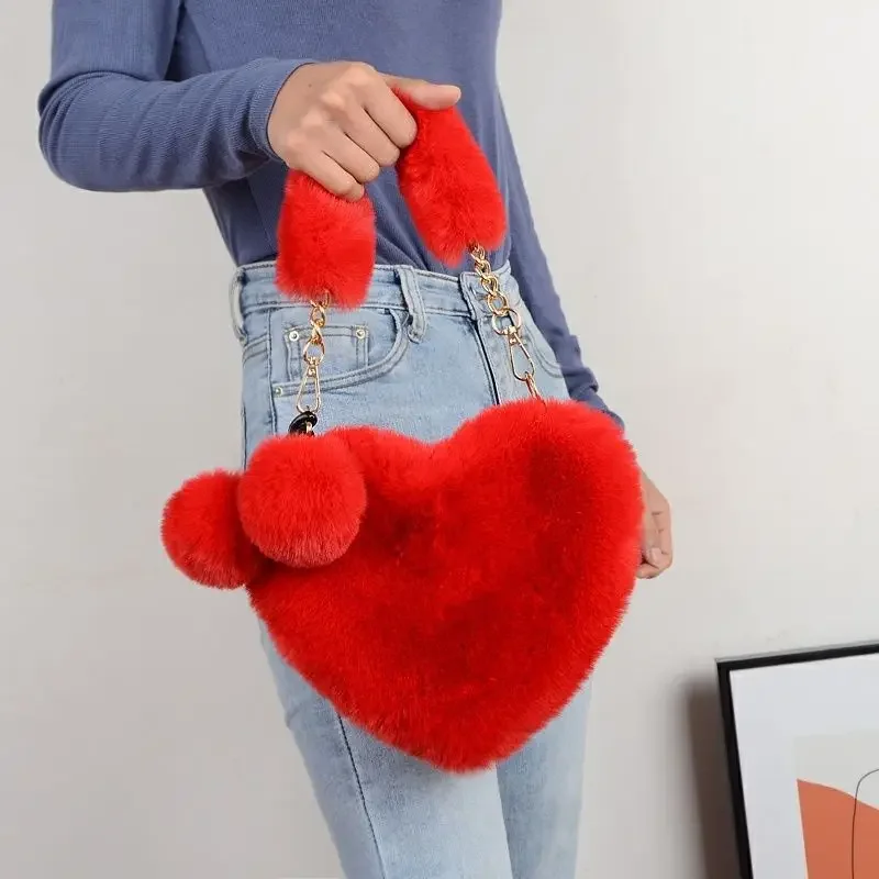 Fashion Female Furry Daily Clutch Purse Faux Fur Heart-shaped Women Small Handbags Fluffy Plush Ladies Chain Shoulder Bag