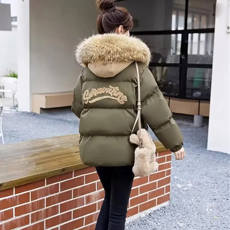 Winter Women's Big Fur Collar Down Cotton-padded Jacket Fashion Loose Hooded Short Outerwear Thicken Warm Parkas Female 5