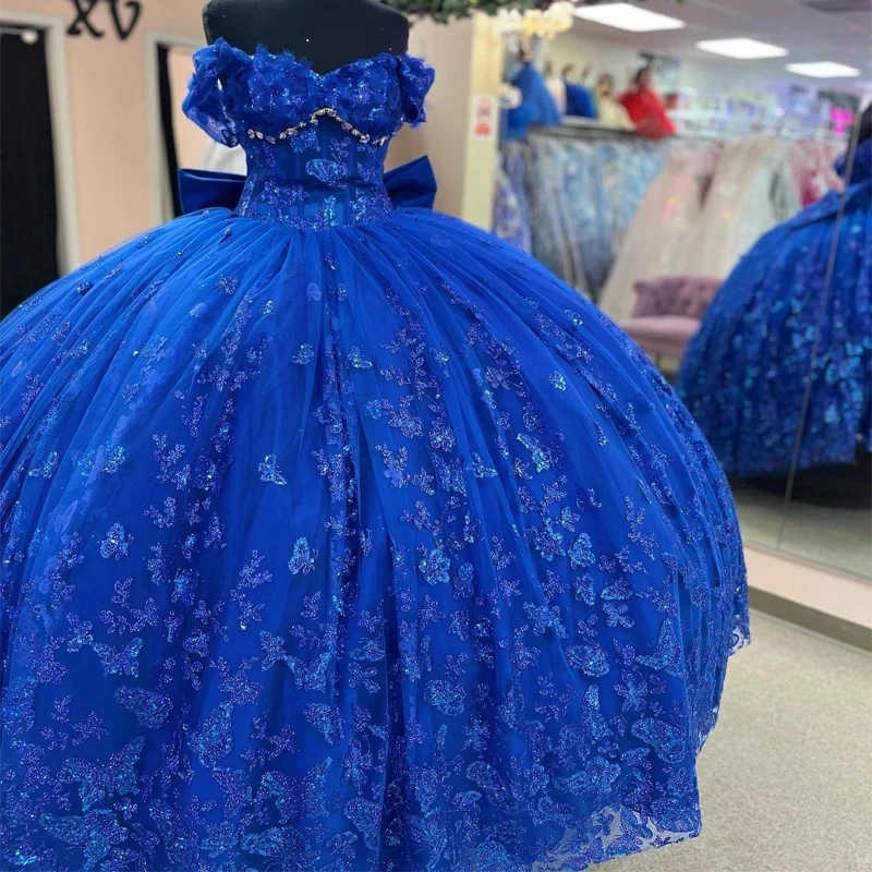 

Blue Shiny Quinceanera Dresses Sleeveless Crystal Sequined Ball Gown Off The Shoulder Applique Lace Corset Vestidos Para XV