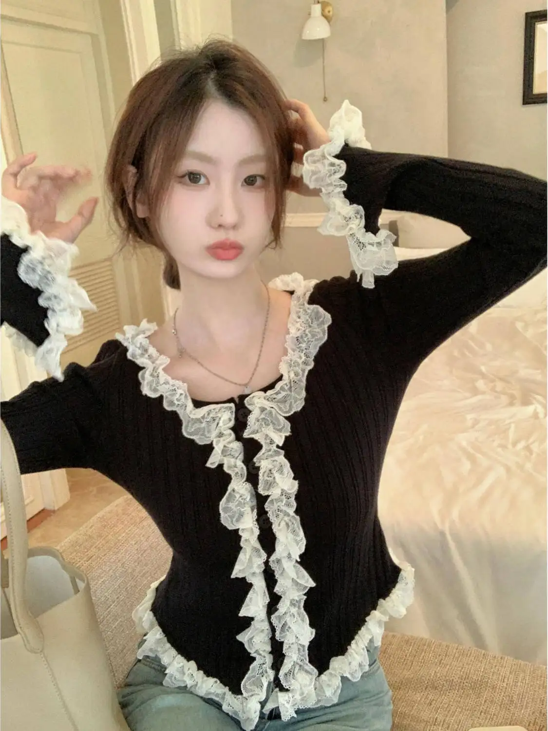 

Шикарный вязаный свитер с кружевной отделкой, женский топ, красивый осенне-зимний модный трикотаж, дышащий