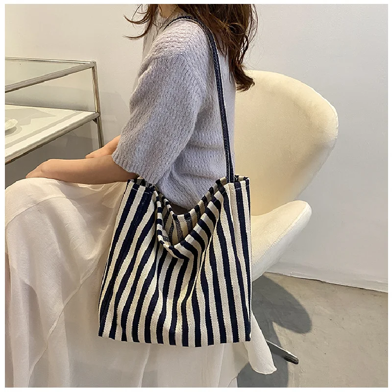 Vintage Art Handbag Simple Small Fresh Striped Shoulder Bag Casual Fashion Large Capacity Shopping Bag