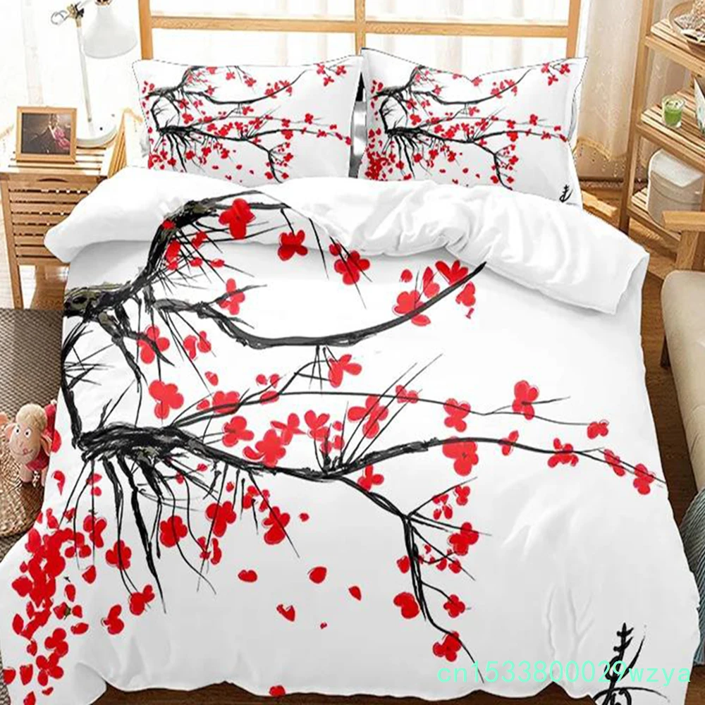 Japanese Duvet Cover Branch Of A Flourishing Sakura Tree Flowers Cherry Blossoms Spring Art Polyester Bedding Set Full/King Size