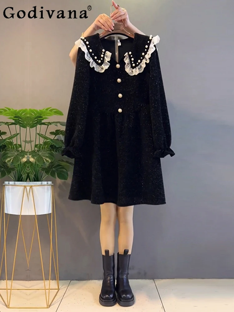 

3XL-6XL Spring New Peter Pan Collar Bead Lace Ruffles Edge Flare Sleeve Long Sleeve Black High Waist Large Size Long Dress