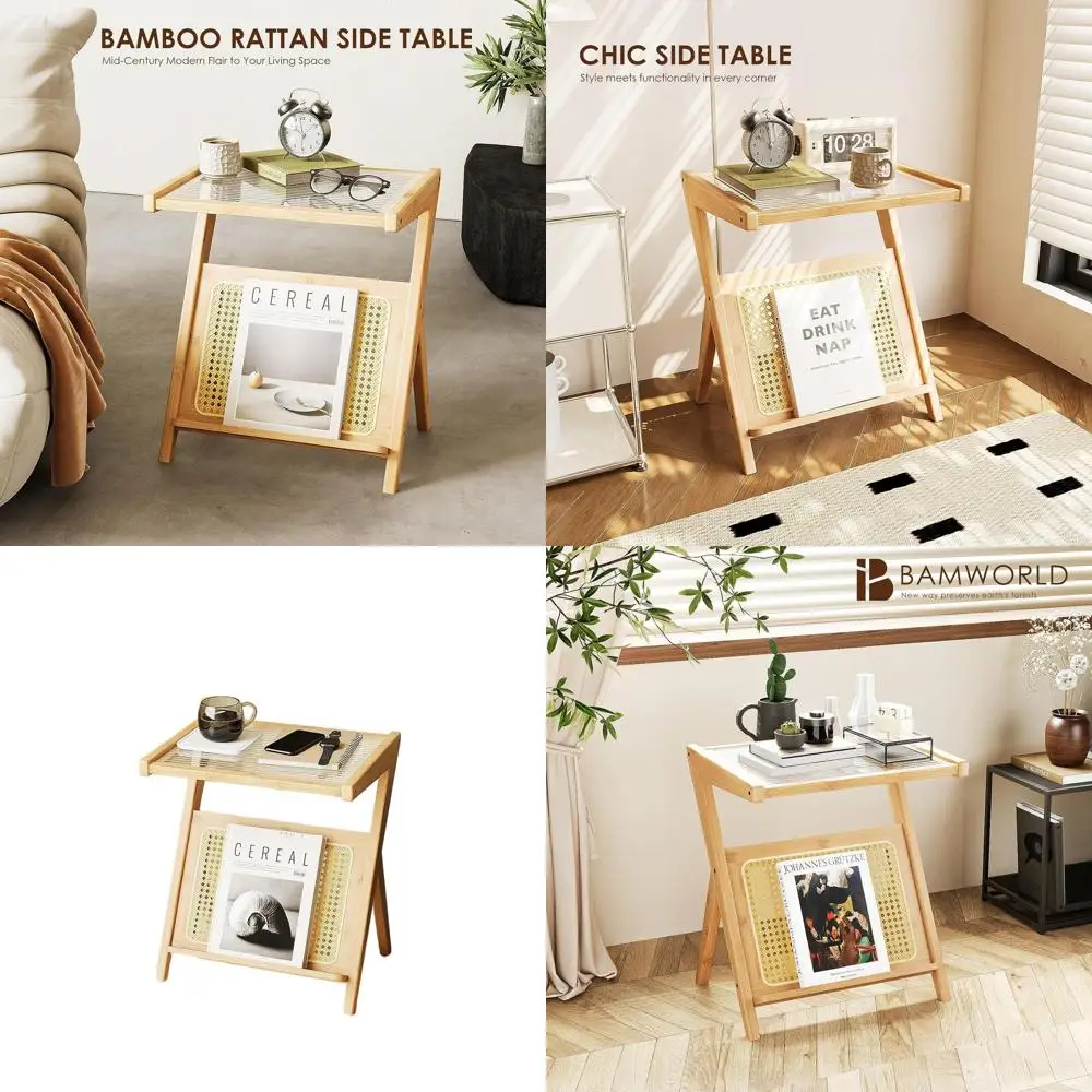 

Bamboo Boho Nightstand with Glass Top - Small Side Table for Bedroom, Living Room, and Outdoor Use