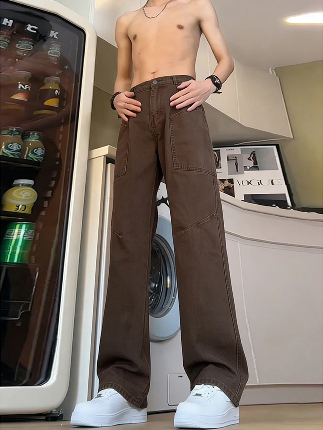 

Cé Brown American Sle Men's Workwear Pants Spring Trendy Brand Extended Straight Micro Flared Jeans Cotton Denim Jeans