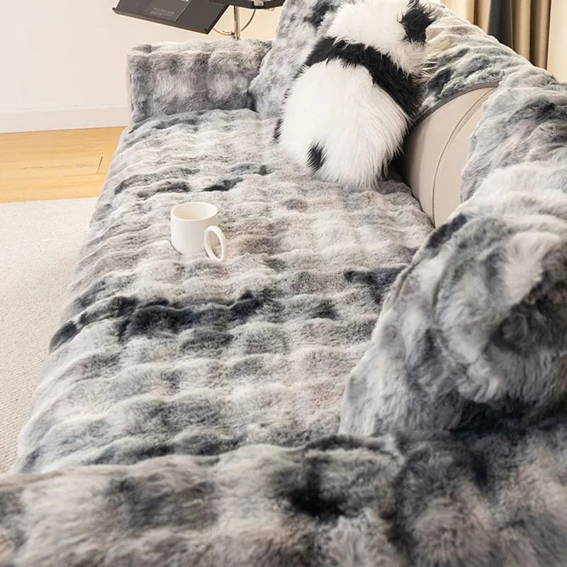 Gradient Bubble Faux Rabbit Plush Sofa Cushion Thick Anti-Slip Sofa Cover for Autumn and Winter Cozy Home Decor for Living Room