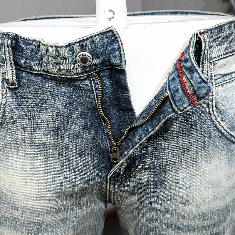 Italian Style Fashion Men Jeans High Quality Retro Washed Blue Stretch Slim Fit Ripped Jeans Men Vintage Designer Denim Pants