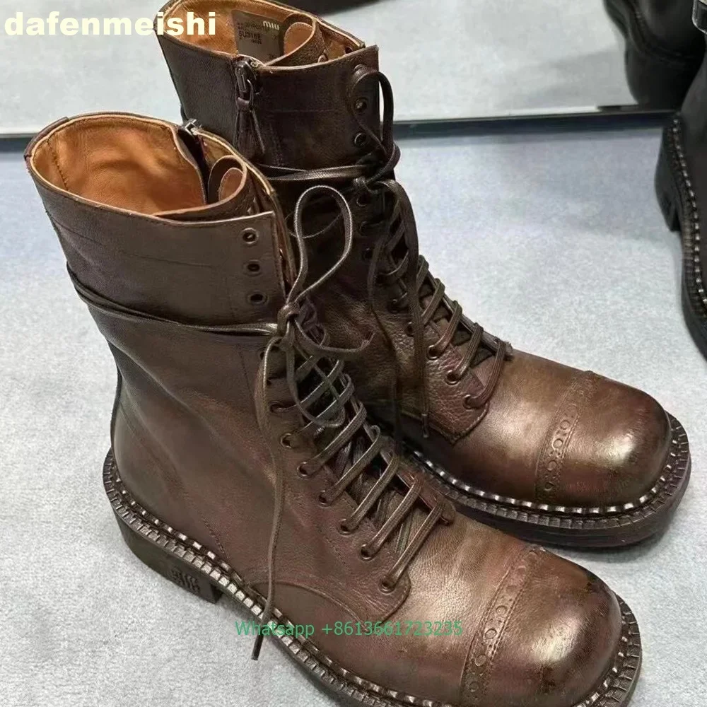 Genuine Leather Splicing Short Boots Cowhide Thick Bottom Lace-Up Motorcycle Boots 2026 Women\'s Black/white Western Cowboy Boots
