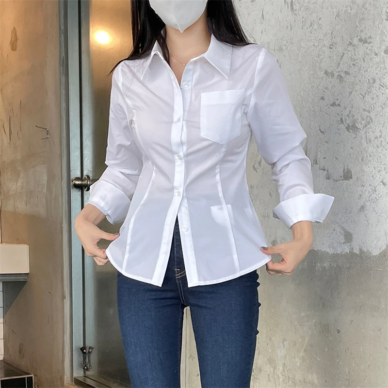 

Белая приталенная женская рубашка с длинным рукавом в корейском стиле, профессиональная, на пуговицах, из смесового хлопка и полиэстера